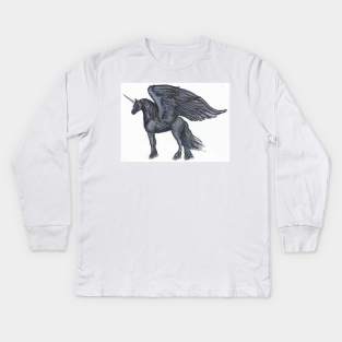 Black Winged Unicorn Kids Long Sleeve T-Shirt